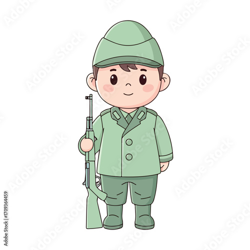 Adorable Cartoon Soldier Boy in Green Uniform.