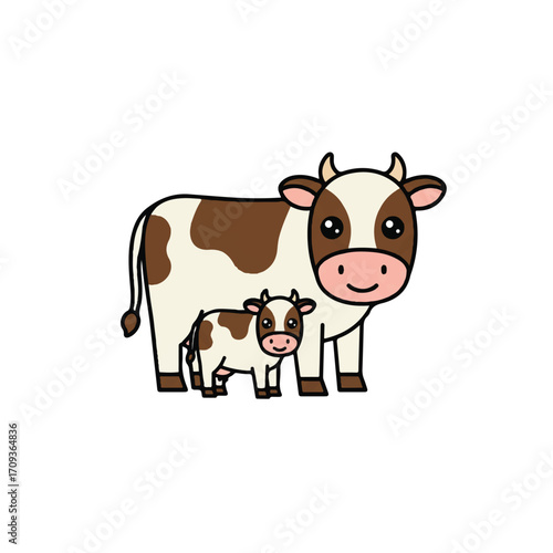 A delightful 2D flat vector illustration showcases a gentle adult cow standing next to its young calf, rendered with clean lines on an isolated pure white background.