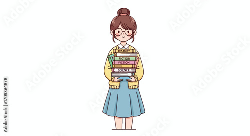 Cute Cartoon Woman Holding Stack of Books.