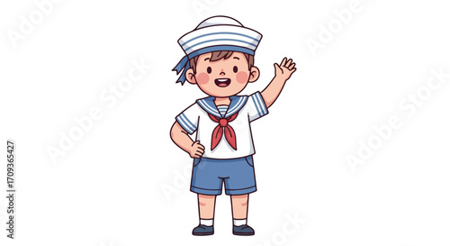 Cheerful Cartoon Sailor Boy Waving Hello.