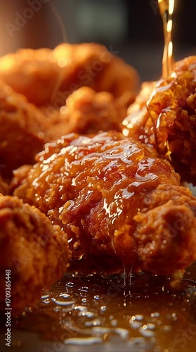 Crispy fried chicken coated in golden brown batter, glistening with a savory glaze, capturing the essence of comfort food and irresistible fast-food indulgence.