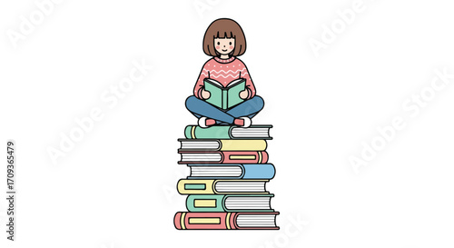 Girl Reading on Stacked Books.