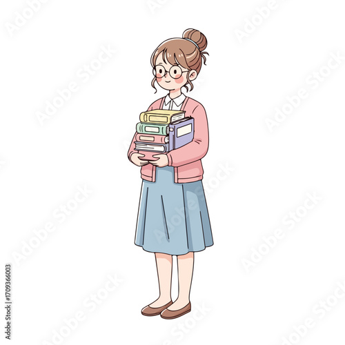 Cute Cartoon Woman Holding Stack of Books with Glasses.