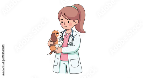 Cartoon Veterinarian Caring for Small Dog Patient.