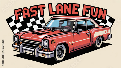 Pixel art red classic car with checkered flags racing and vintage vehicle illustration for design projects