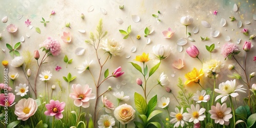 A vibrant spring floral arrangement featuring a diverse collection of blossoms, delicate petals, and lush greenery, creating a serene and beautiful image.