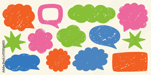 Collection of hand drawn colorful speech bubbles and star shapes on a light background