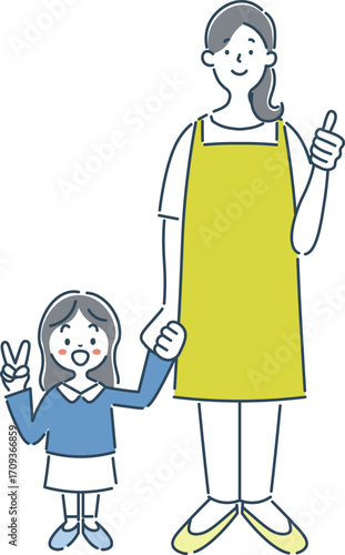 グッドポーズをした笑顔の女性保育士と女の子の園児のシンプルな線画イラスト素材