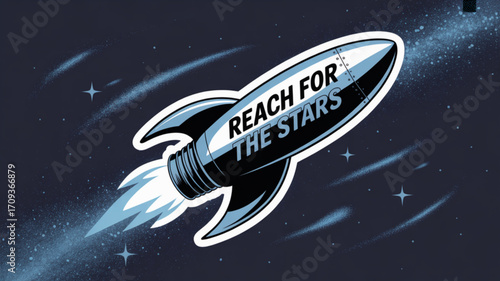 Reach for the stars rocket ship illustration in space with comets and stars vector graphic design
