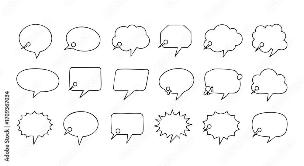 Collection of hand-drawn speech bubbles, various shapes and sizes, simple line art. Collection of hand-drawn speech bubbles, various shapes and sizes, simple line art.