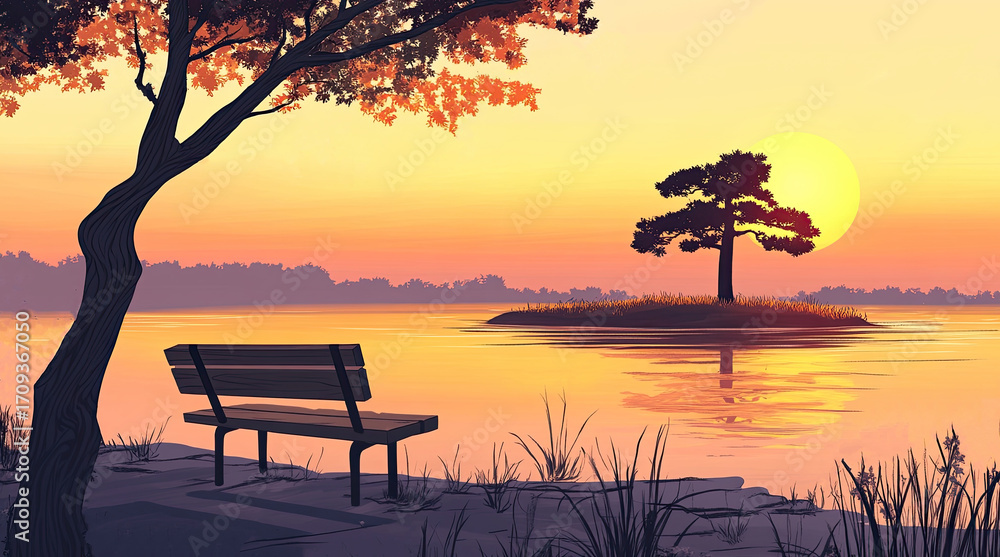 Fototapeta premium An illustration of a bench near a small island at dusk