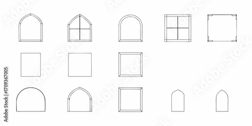Collection of simplified architectural window designs and frames in a clean line art style