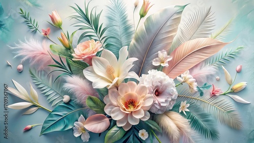 A Serene Arrangement of Pastel Blooms and Tropical Foliage, Elegantly Composed on a Soft Blue Background