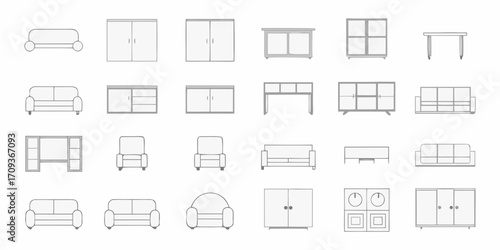 Collection of modern minimalist furniture icons including sofas armchairs cabinets tables and desks in a clean line art style