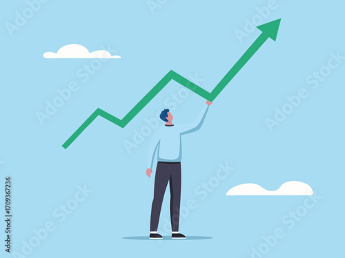Man holding a green upward trending arrow graph symbolizing growth and success