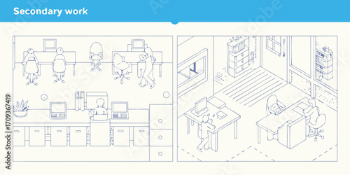 Isometric illustration of people working in an office environment with desks computers and chairs