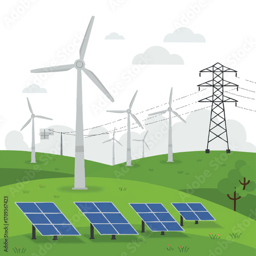 Vibrant 2D flat vector of a renewable energy facility: wind turbines on a green hill, solar panels, and power transmission tower, simplified on white.