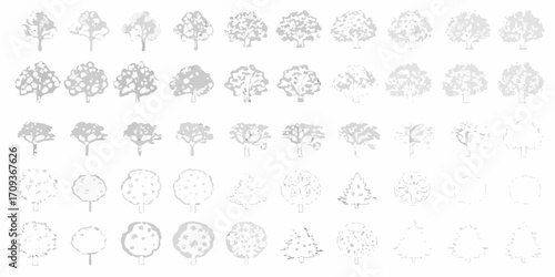 Collection of diverse hand drawn tree illustrations in various styles and shades of gray
