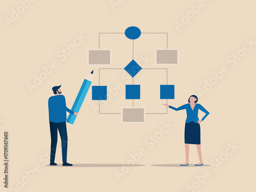 Business team collaborating on a flowchart diagram with a giant pencil and hand gestures illustrating process planning and strategy development