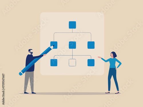 Two people collaborate to create and present a business organizational chart on a screen with a large pencil