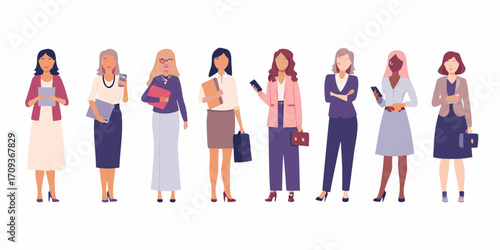 Diverse group of professional business women standing together in modern office attire holding documents and devices