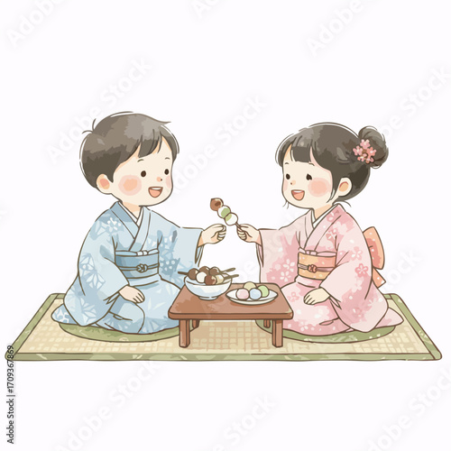 Cute Watercolor Children in Traditional Asian Clothing Illustration on White Background