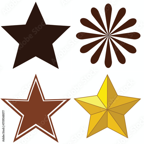 Collection of four distinct star shapes including a solid dark star a spiky star a lined star and a golden star