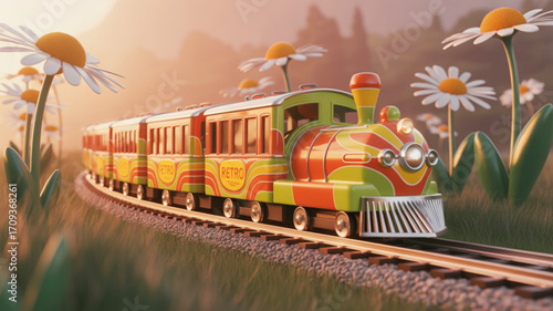 Retro toy train illustration with daisy flowers on railway track scenic landscape background image for kids
