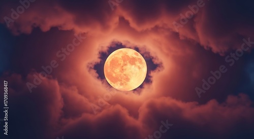 Orange Moon Through Dark Clouds.