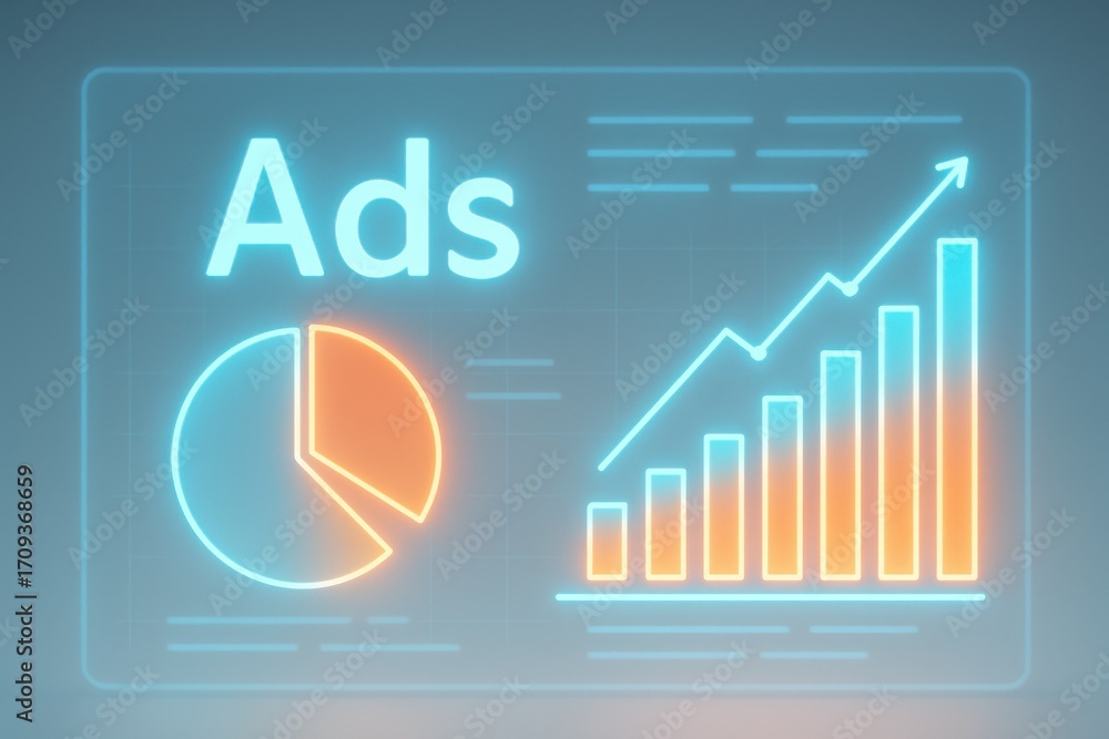 Fototapeta premium Neon Graphic Display of Advertising Metrics with Charts and Growth Analysis