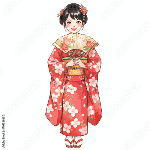 Cute Watercolor Children in Traditional Asian Clothing Illustration on White Background