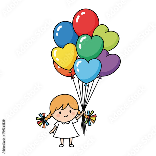 Cheerful Cartoon Girl Holding Colorful Heart Balloons.