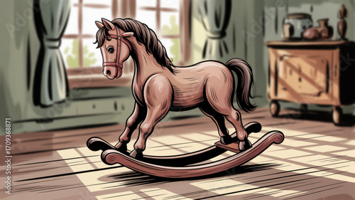 Vintage rocking horse toy illustration in room interior for children and nostalgic childhood memories art