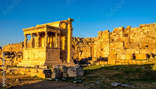 A view of ancient ruins featuring a unique portico with caryatid columns and a long stone wall under a clear blue sky.