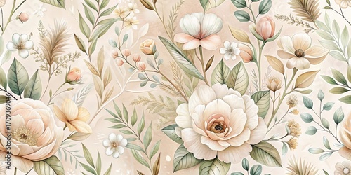 Elegant Botanical Print Featuring Delicate Cream Roses and Lush Greenery in a Soft, Earthy Color Palette