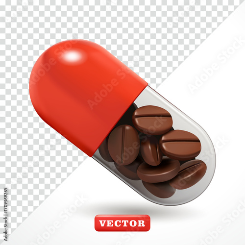 Capsule medicine containing coffee beans. 3D vector, suitable for advertising
