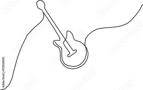 One line drawing of a musical stringed guitar instrument isolated on white background.