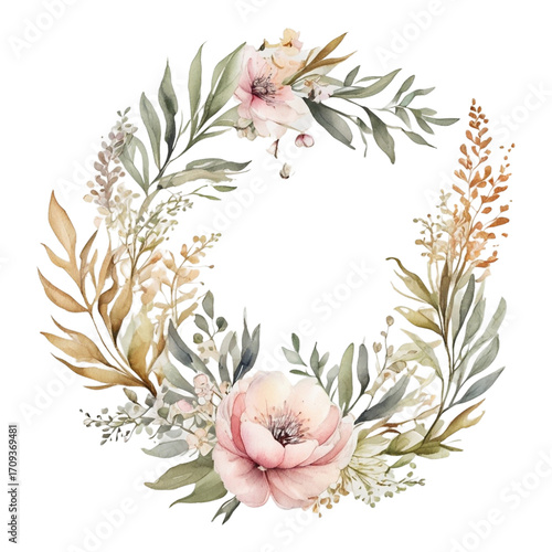 Soft pink and green floral wreath watercolor design Keywords: floral wreath, watercolor, pink