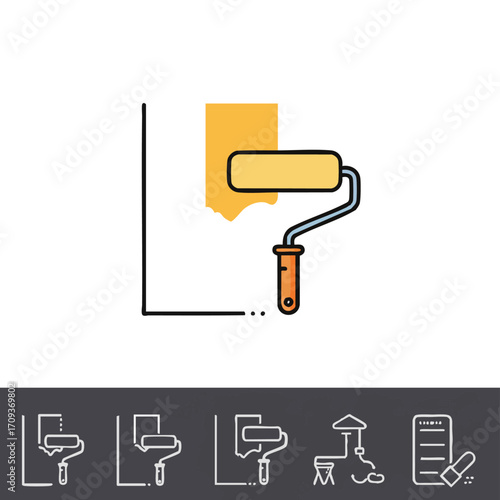 A vibrant yellow paint roller icon smoothly glides across a pristine white wall, symbolizing home renovation, creative DIY projects, and fresh interior design updates.