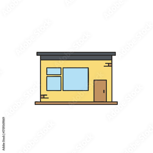 A charming, simple flat design illustration depicts a small, modern storefront building with a door and multiple windows, ideal for various graphic applications.