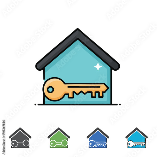 This clean, modern vector illustration depicts a house icon with a prominent key, symbolizing home ownership, real estate, and secure property acquisition.