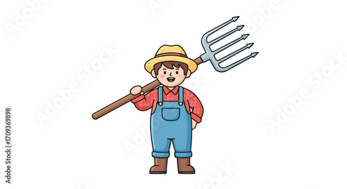 Cartoon Boy Farmer with Pitchfork.
