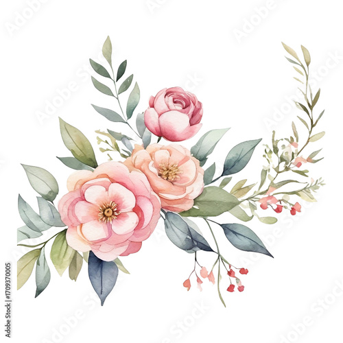 Soft pink and peach watercolor roses with green leaves and branches flowers