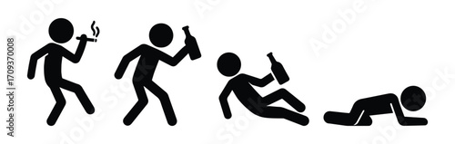 set of icons, alcoholism and smoking, man drunk, stick figures stickman isolated silhouettes