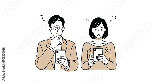 Confused business professionals pondering smartphone questions, seeking answers in modern communication