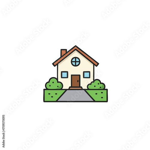 A delightful, minimalist cartoon illustration showcases a cozy, colorful house with a brown roof, blue walls, a welcoming door, and vibrant green landscaping.