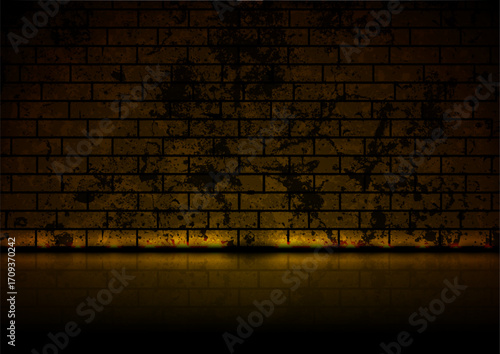 Dark orange brick wall texture with glowing reflection abstract background. Vector retro design