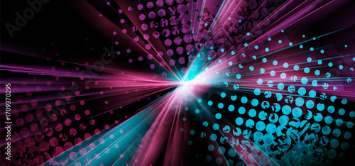 Vibrant blue purple abstract shiny rays with grunge halftone tech background. Future concept vector art banner design