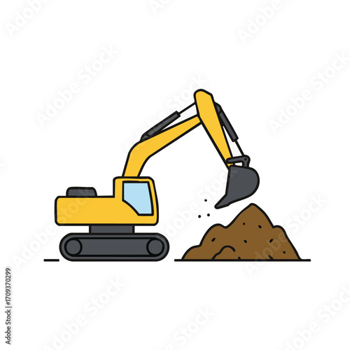 A vibrant yellow cartoon excavator is actively digging a pile of brown earth, symbolizing construction and heavy machinery work.