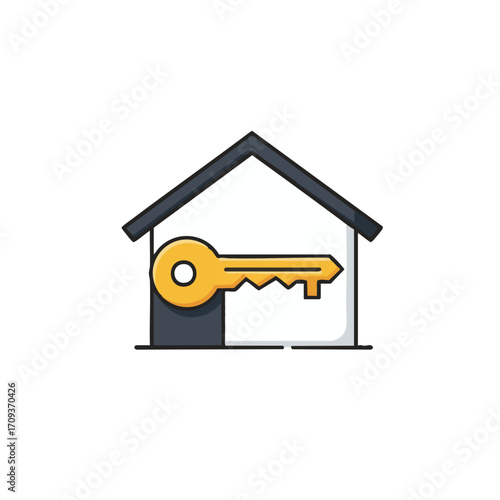 A modern flat design illustration depicts a minimalist house icon with a prominent golden key, symbolizing home ownership, property security, and real estate access.